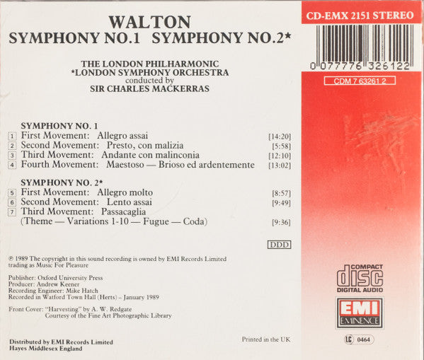 USED CD - Walton, The London Philharmonic, London Symphony Orchestra, Sir Charles Mackerras – Symphonies 1 & 2 For Sale