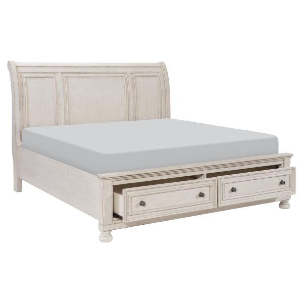 Bethel Wire Brushed White King Sleigh Storage Platform Bed For Sale