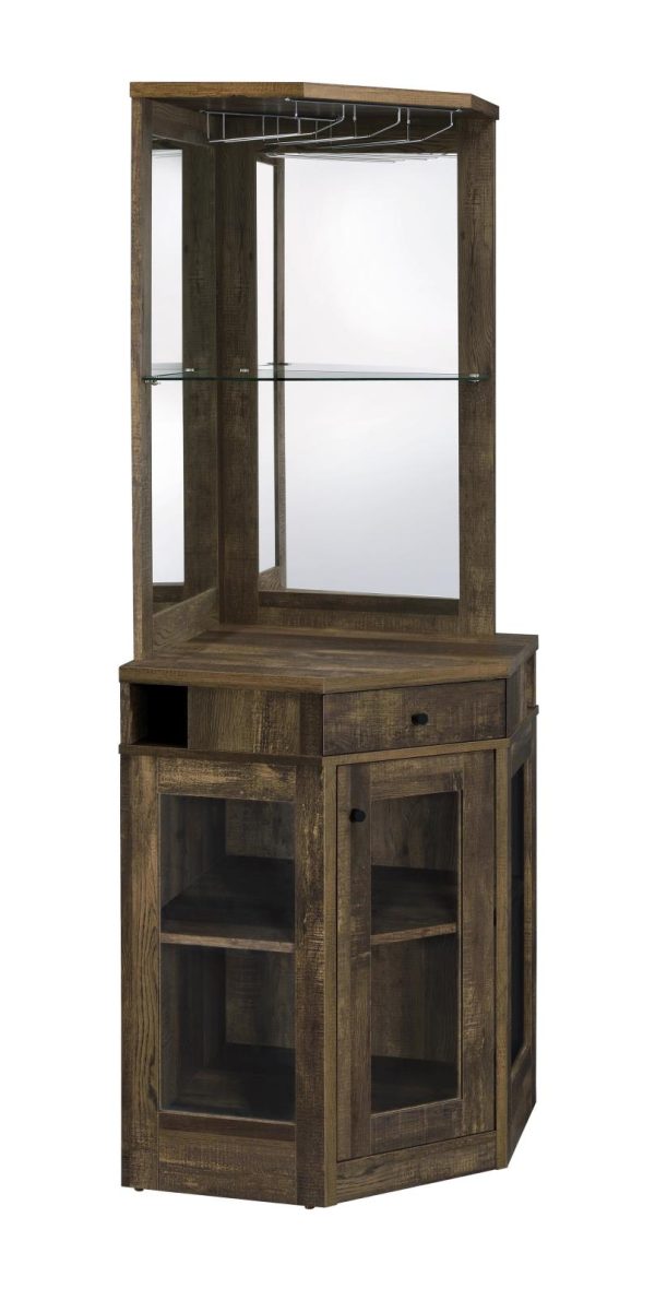 Alviso Rustic Oak Corner Bar Cabinet with Stemware Rack For Sale