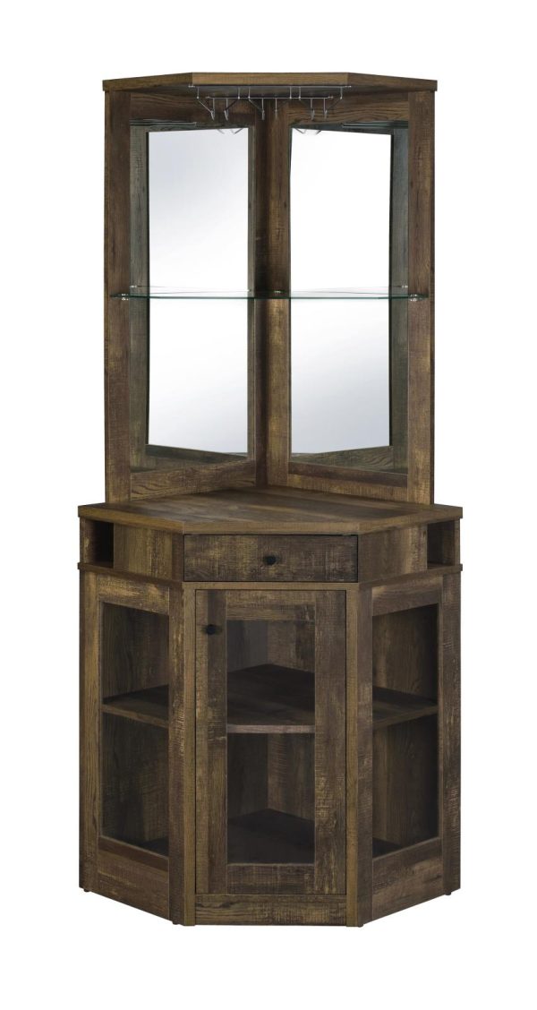 Alviso Rustic Oak Corner Bar Cabinet with Stemware Rack For Sale