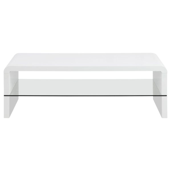 Airell White High Gloss Rectangular Coffee Table with Glass Shelf on Sale