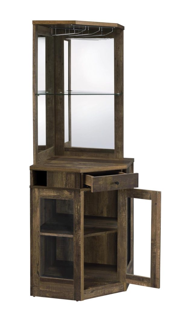 Alviso Rustic Oak Corner Bar Cabinet with Stemware Rack For Sale