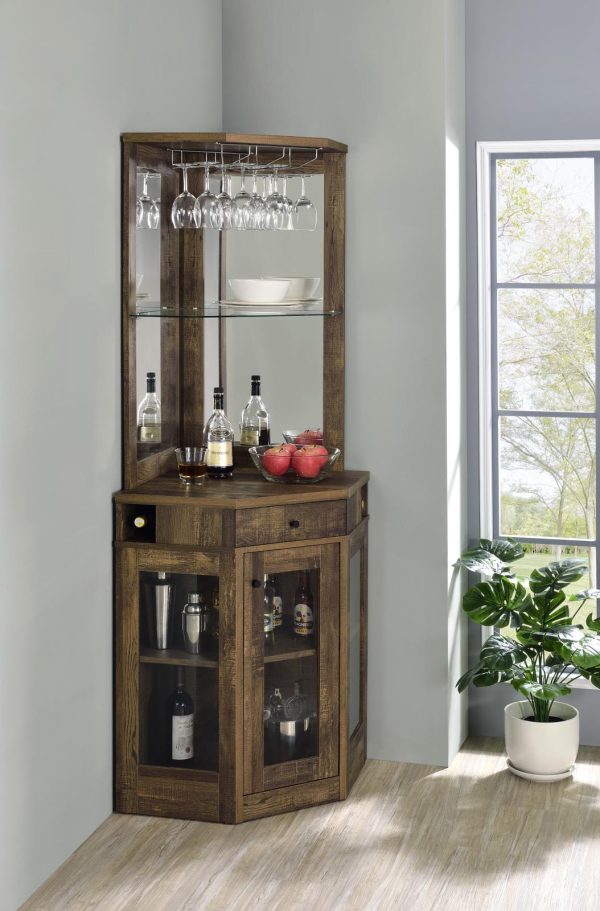 Alviso Rustic Oak Corner Bar Cabinet with Stemware Rack For Sale