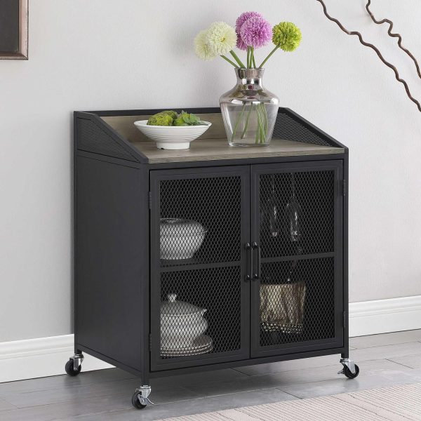 Arlette Gray Wash Sandy Black Wine Cabinet with Wire Mesh Doors Online now