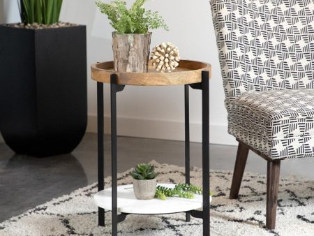 Adhvik Natural Black Round Accent Table with Marble Shelf Fashion