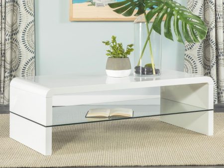 Airell White High Gloss Rectangular Coffee Table with Glass Shelf on Sale