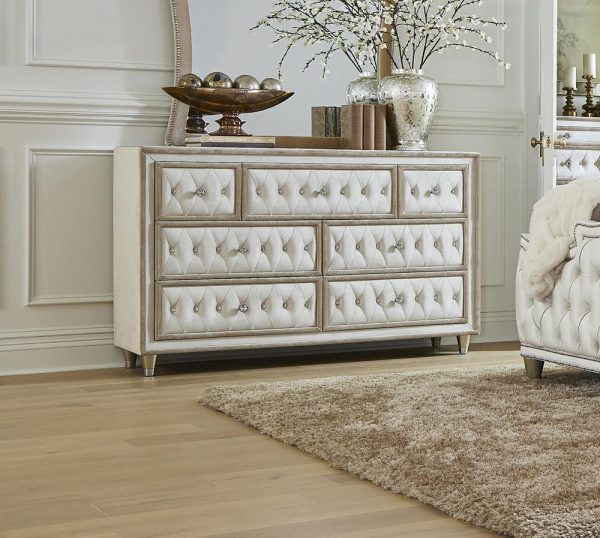 Antonella Ivory Camel 7-Drawer Upholstered Dresser For Sale