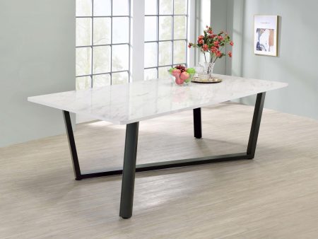 Mayer Faux White Marble Gunmetal Rectangular Dining Table For Sale