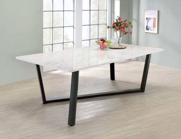 Mayer Faux White Marble Gunmetal Rectangular Dining Table For Sale